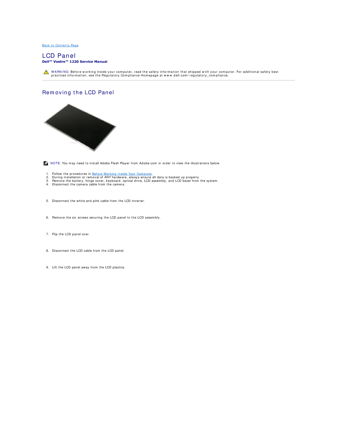 Dell 1220 specifications Removing the LCD Panel 