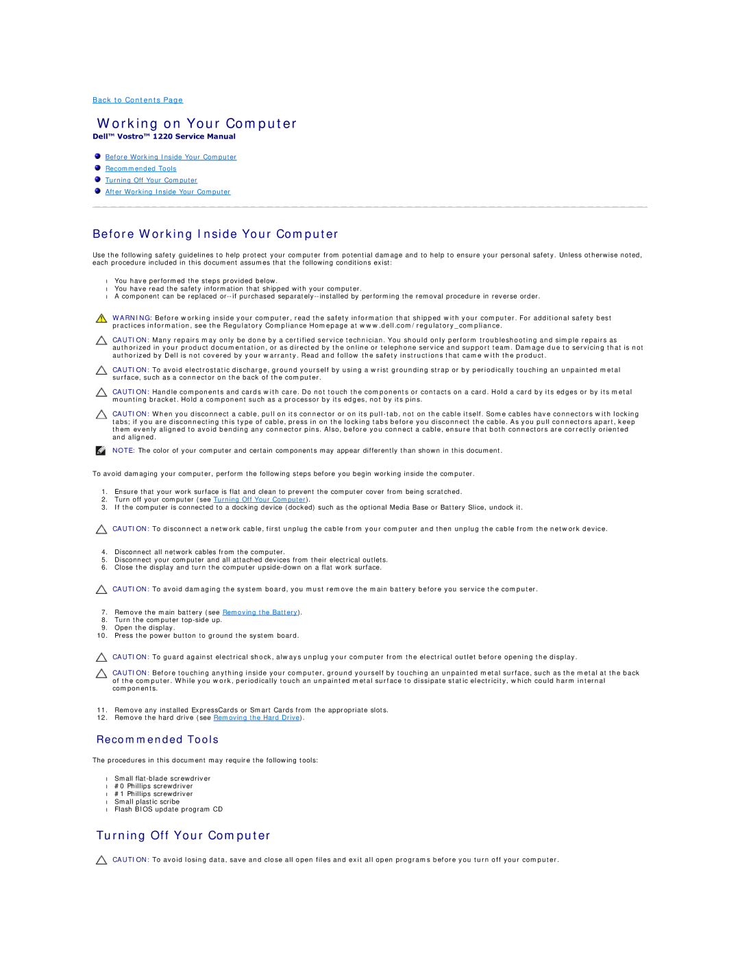 Dell 1220 specifications Working on Your Computer, Before Working Inside Your Computer, Turning Off Your Computer 