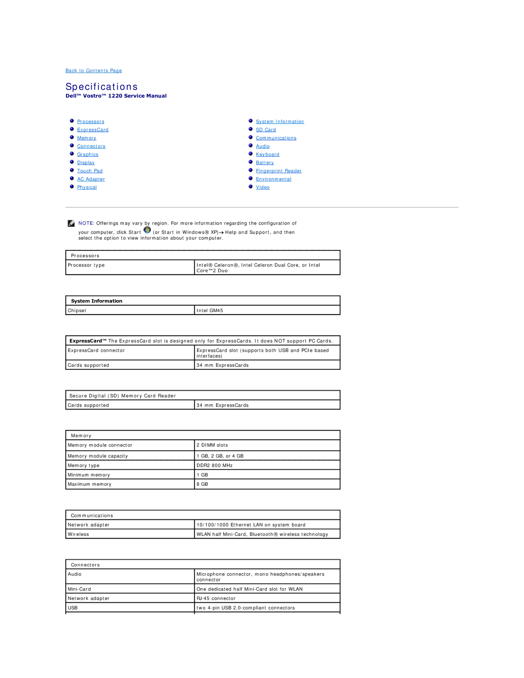 Dell 1220 specifications Specifications 