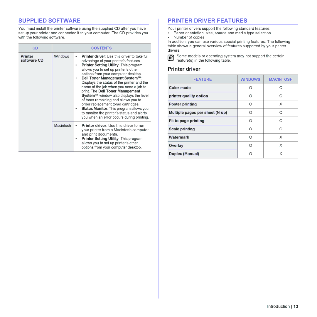 Dell 1230c manual Supplied Software, Printer Driver Features, Printer driver, Contents, Feature Windows Macintosh 
