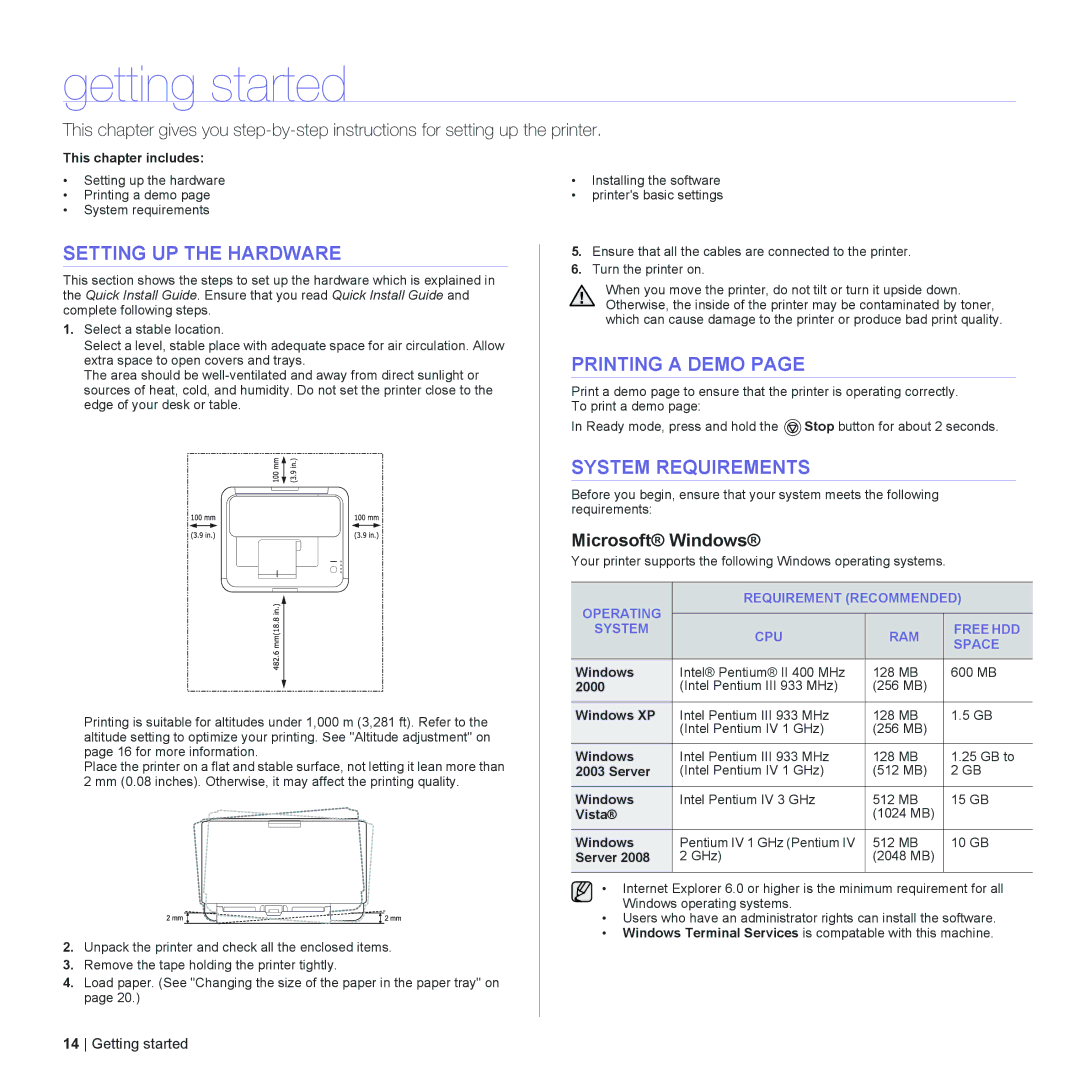 Dell 1230c manual Getting started, Setting UP the Hardware, Printing a Demo, System Requirements, Microsoft Windows 