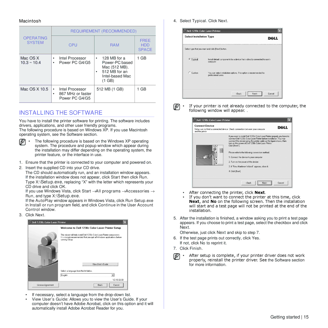 Dell 1230c manual Installing the Software, 10.3 ~, Mac OS X 