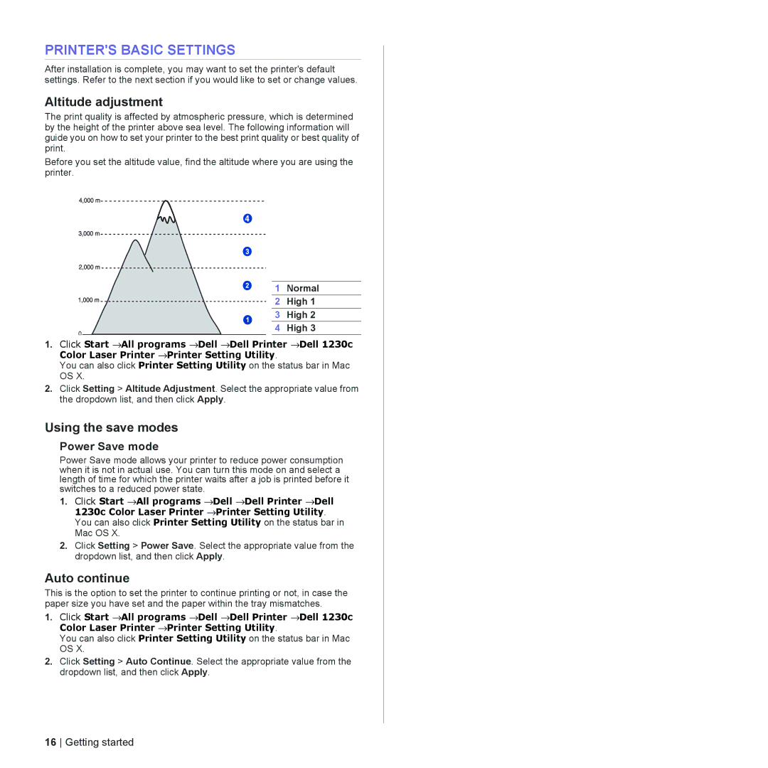 Dell 1230c manual Printers Basic Settings, Altitude adjustment, Using the save modes, Auto continue, Normal High 