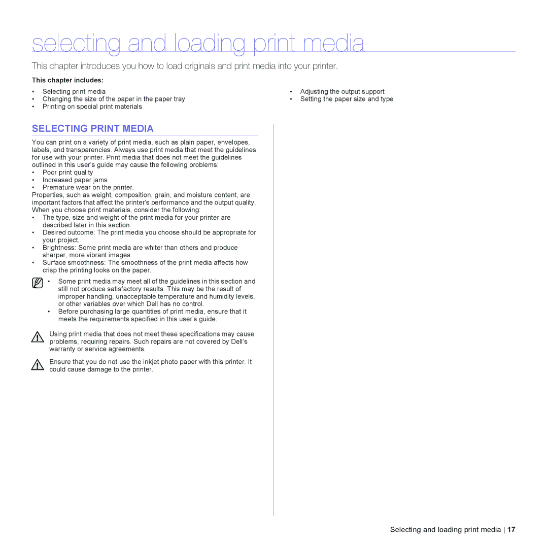 Dell 1230c manual Selecting and loading print media, Selecting Print Media 