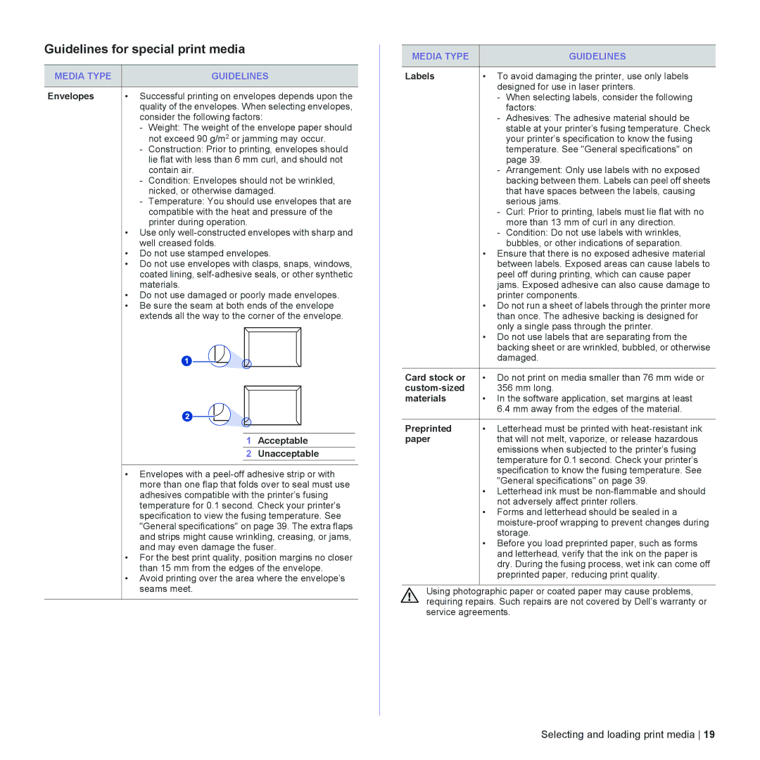 Dell 1230c manual Guidelines for special print media, Media Type Guidelines 