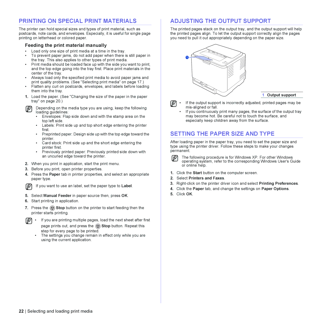 Dell 1230c manual Printing on Special Print Materials, Adjusting the Output Support, Setting the Paper Size and Type 