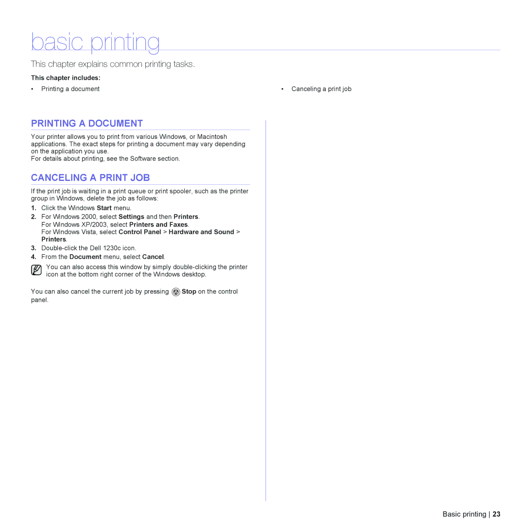 Dell 1230c manual Basic printing, Printing a Document, Canceling a Print JOB 