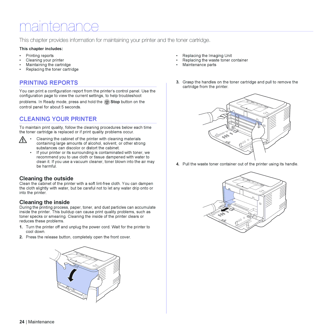 Dell 1230c manual Maintenance, Printing Reports, Cleaning Your Printer, Cleaning the outside, Cleaning the inside 