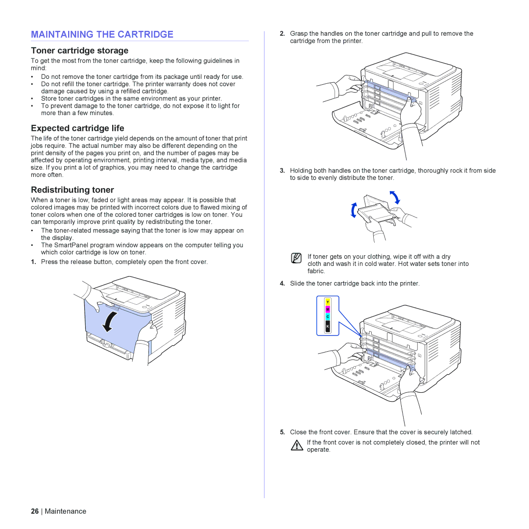 Dell 1230c manual Maintaining the Cartridge, Toner cartridge storage, Expected cartridge life, Redistributing toner 