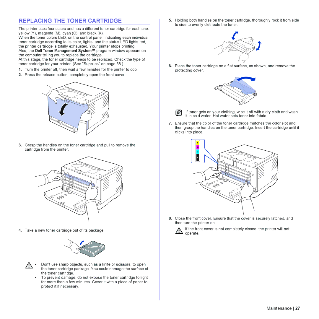 Dell 1230c manual Replacing the Toner Cartridge 