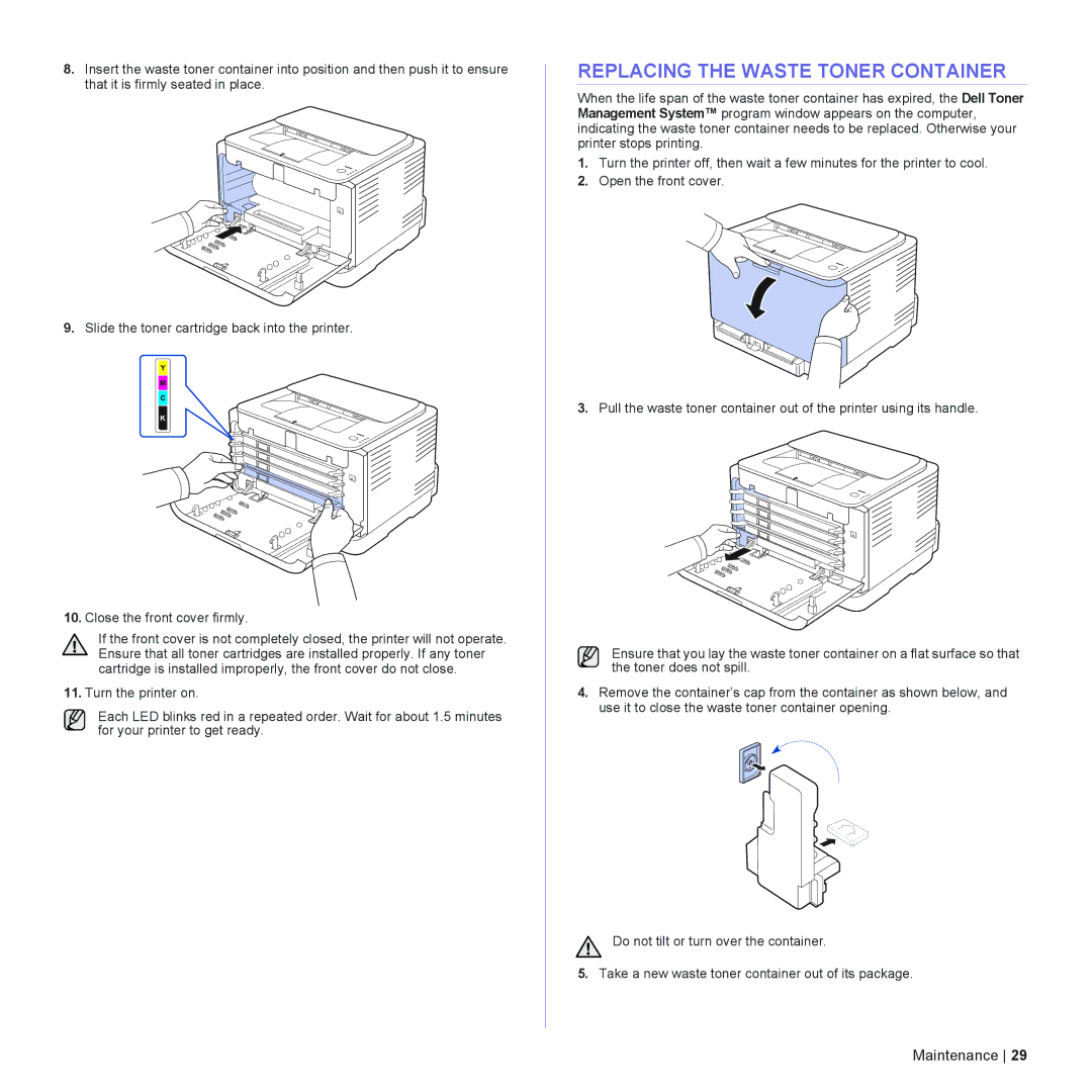 Dell 1230c manual Replacing the Waste Toner Container 