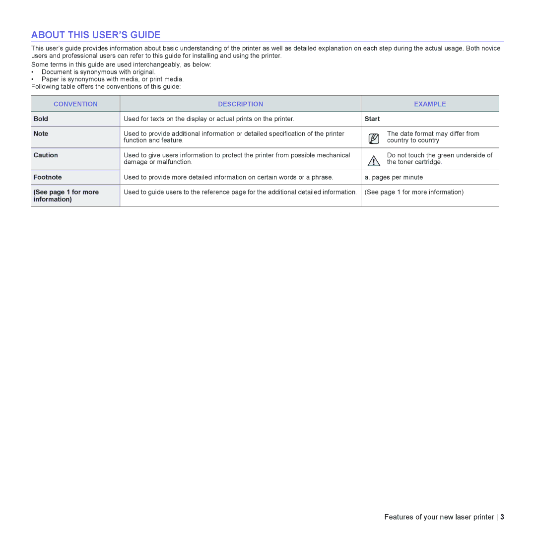 Dell 1230c manual About this USER’S Guide, Convention Description Example 