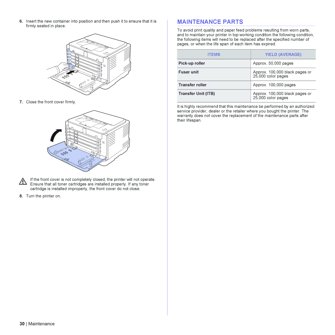 Dell 1230c manual Maintenance Parts, Items Yield Average 