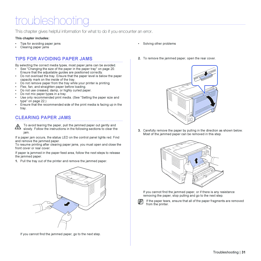 Dell 1230c manual Troubleshooting, Tips for Avoiding Paper Jams, Clearing Paper Jams 