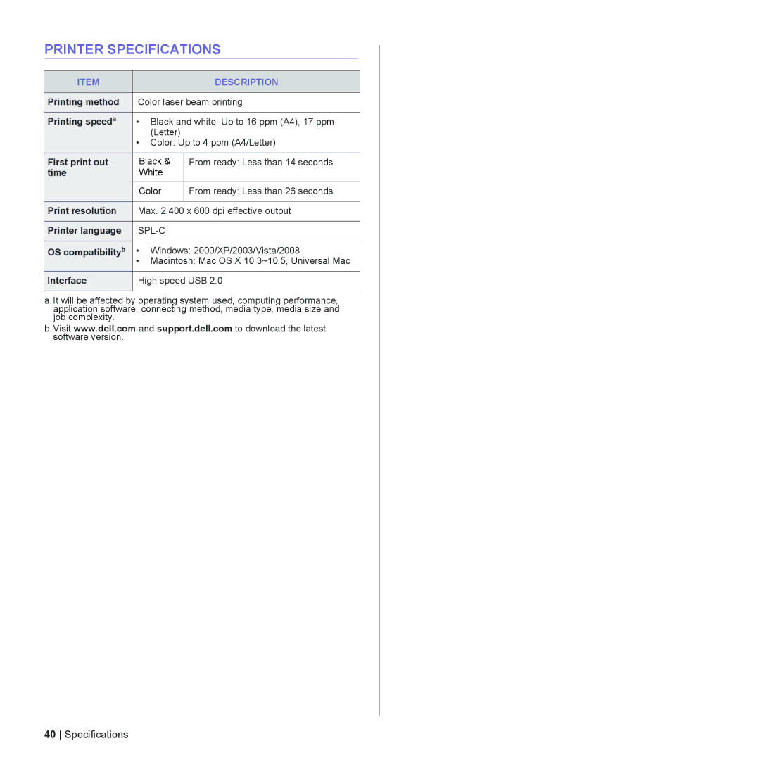 Dell 1230c manual Printer Specifications 