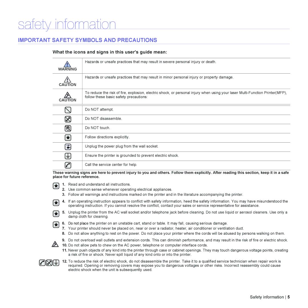 Dell 1230c manual Safety information, Important Safety Symbols and Precautions 