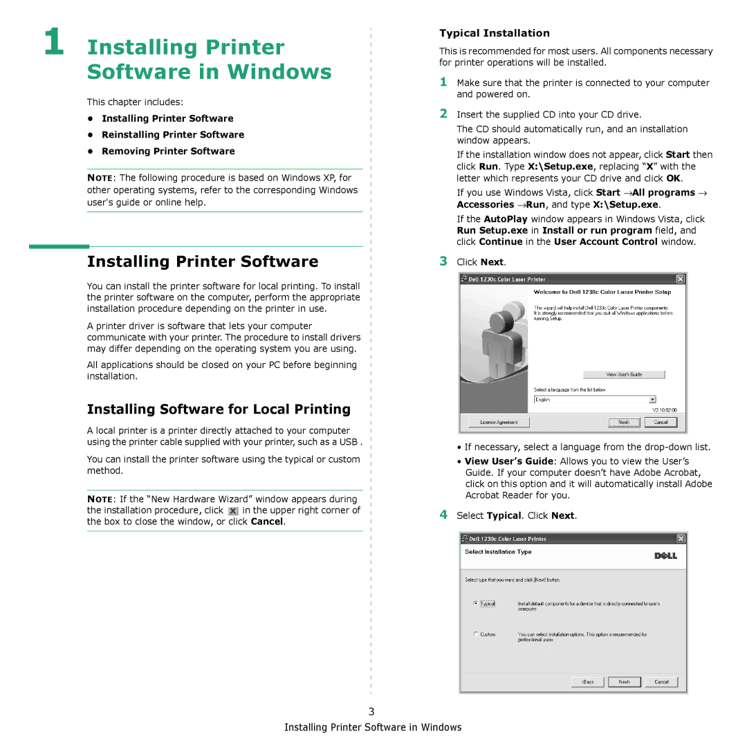 Dell 1230c manual Installing Printer Software, Installing Software for Local Printing 