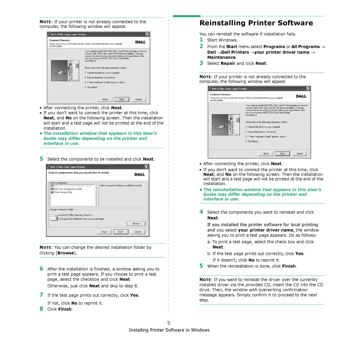 Dell 1230c manual Reinstalling Printer Software, Select the components you want to reinstall and click Next 