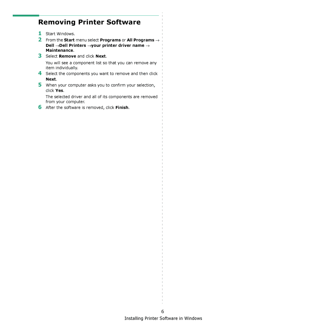 Dell 1230c manual Removing Printer Software, Next 