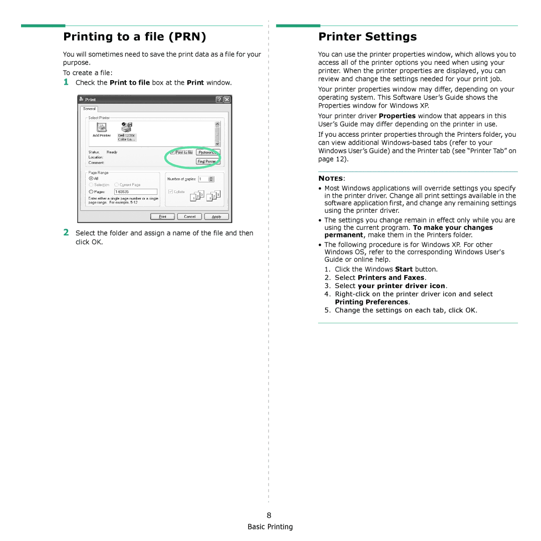 Dell 1230c manual Printing to a file PRN, Printer Settings, Select Printers and Faxes Select your printer driver icon 