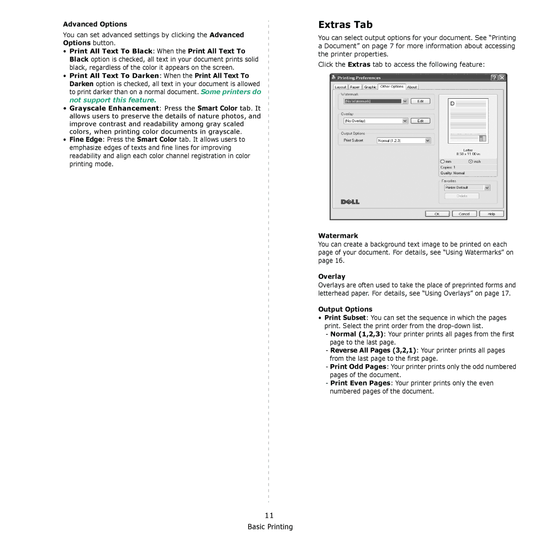 Dell 1230c manual Extras Tab, Advanced Options, Watermark, Overlay, Output Options 