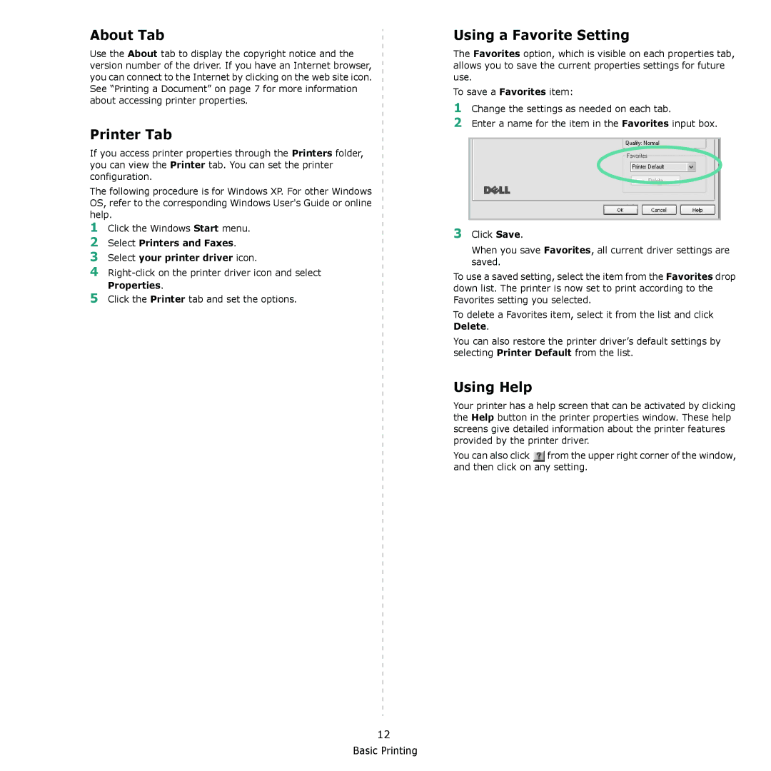 Dell 1230c manual About Tab, Printer Tab, Using a Favorite Setting, Using Help, Properties 