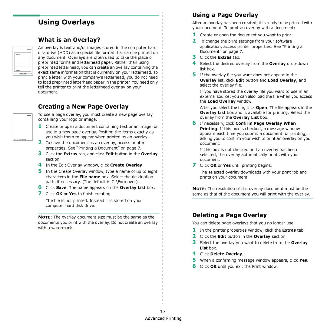 Dell 1230c Using Overlays, What is an Overlay?, Using a Page Overlay, Creating a New Page Overlay, Deleting a Page Overlay 