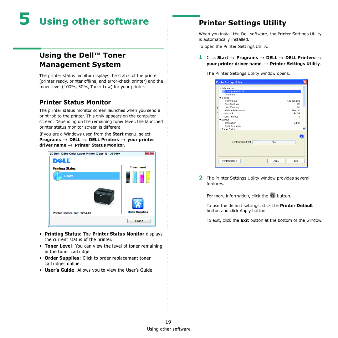 Dell 1230c manual Using the Dell Toner Management System, Printer Settings Utility, Printer Status Monitor 