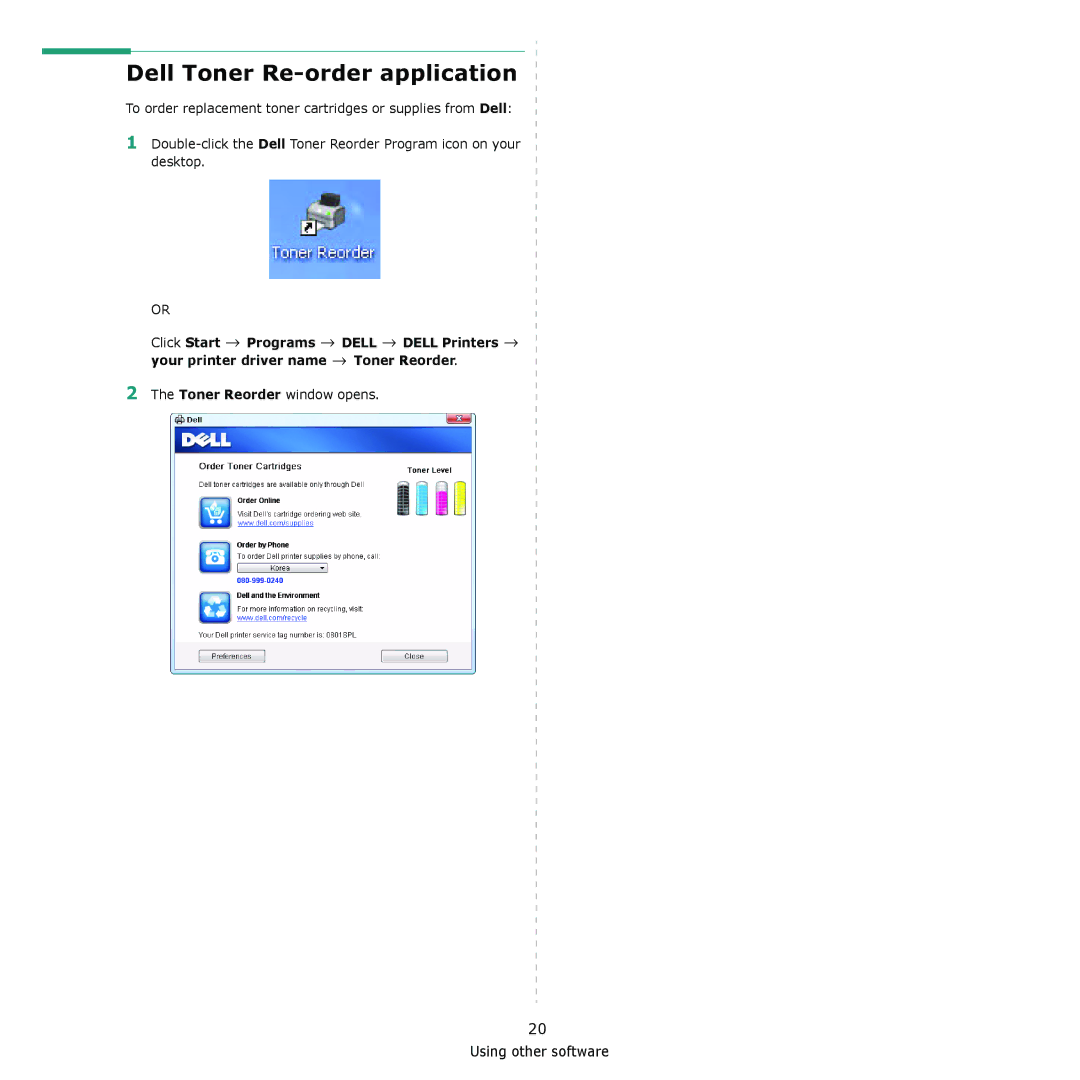 Dell 1230c manual Dell Toner Re-order application 