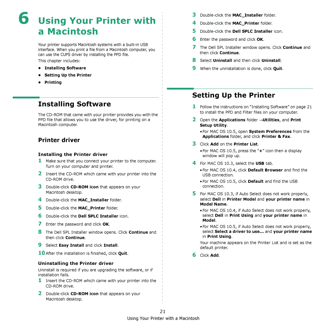 Dell 1230c manual Installing Software, Setting Up the Printer, Printer driver 