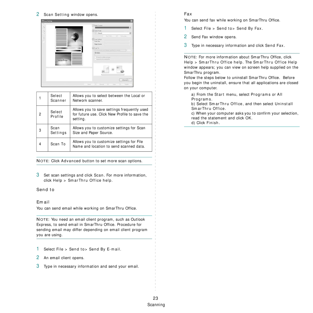 Dell 1235cn manual Profile, Setting, Scan, Select File Send to Send By E-mail, Select File Send to Send By Fax 