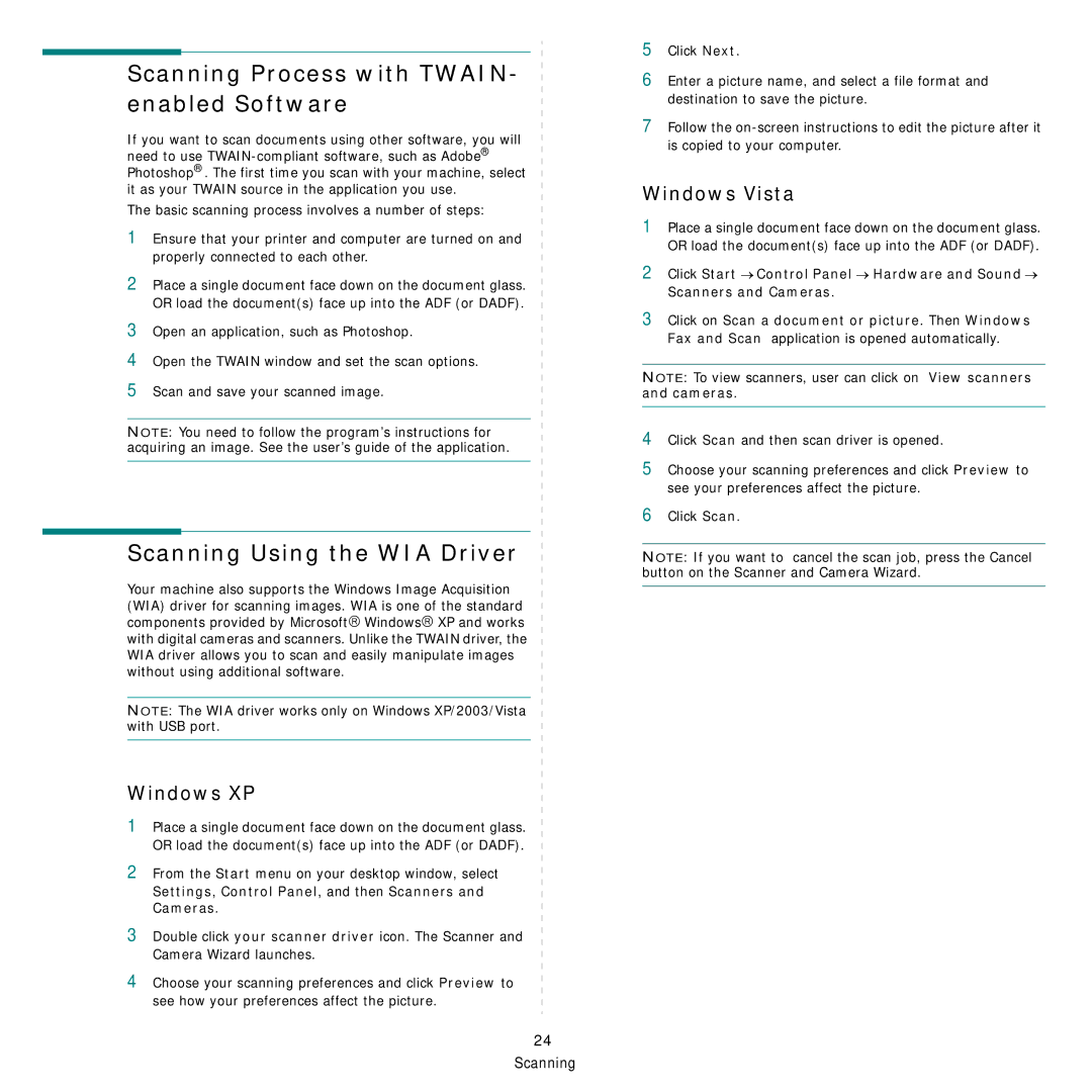 Dell 1235cn manual Scanning Process with TWAIN- enabled Software, Scanning Using the WIA Driver, Windows XP, Windows Vista 