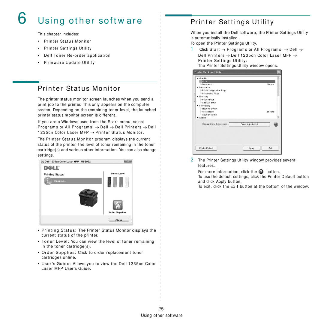 Dell 1235cn manual Printer Status Monitor, Printer Settings Utility 