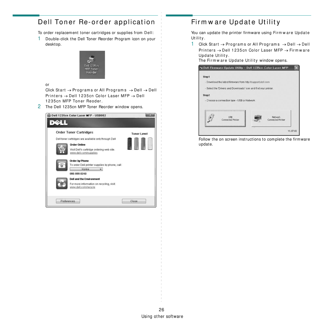 Dell 1235cn manual Dell Toner Re-order application, Firmware Update Utility 