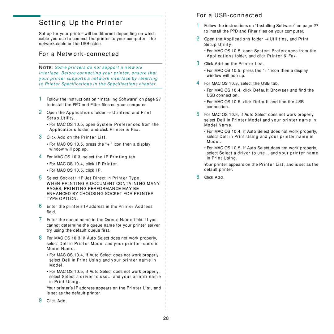 Dell 1235cn manual Setting Up the Printer, For a Network-connected, For a USB-connected, Click Add on the Printer List 