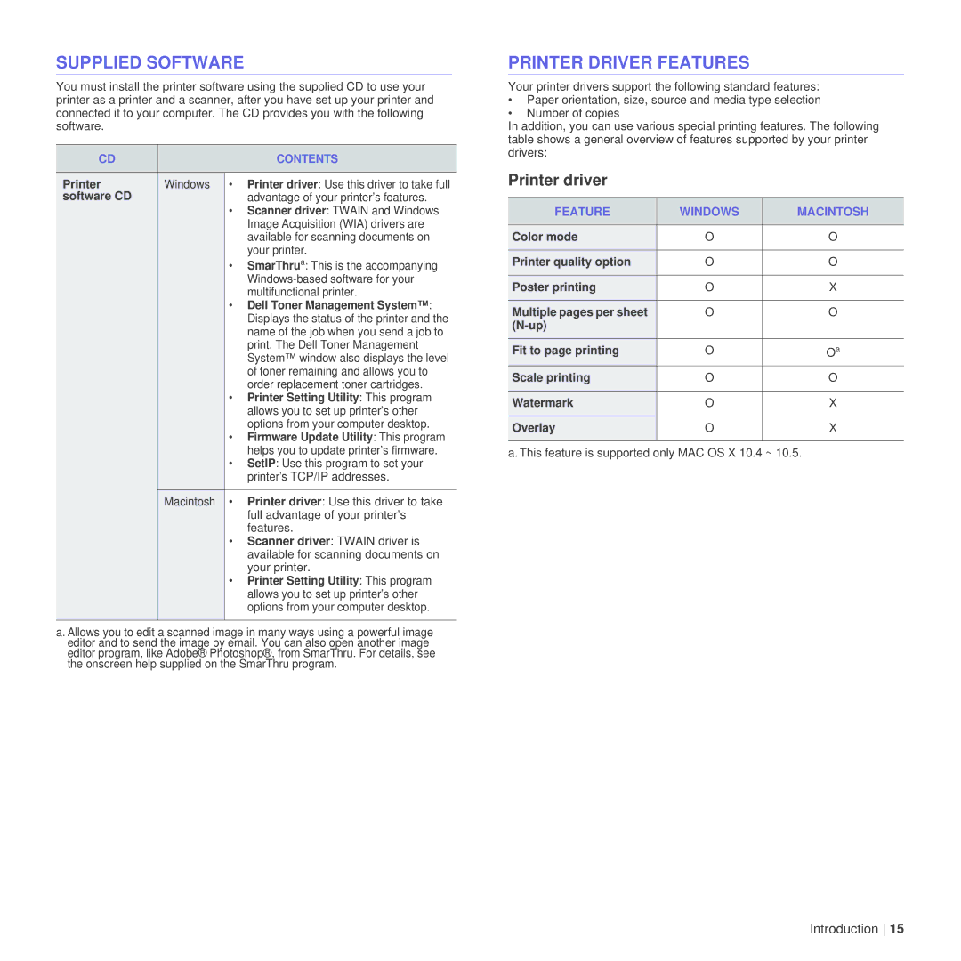 Dell 1235cn manual Supplied Software, Printer Driver Features, Printer driver, Contents, Feature Windows Macintosh 