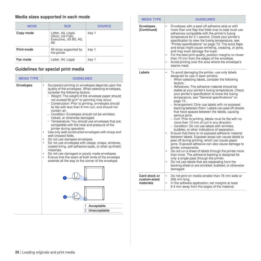 Dell 1235cn manual Media sizes supported in each mode, Guidelines for special print media, Mode Size Source 