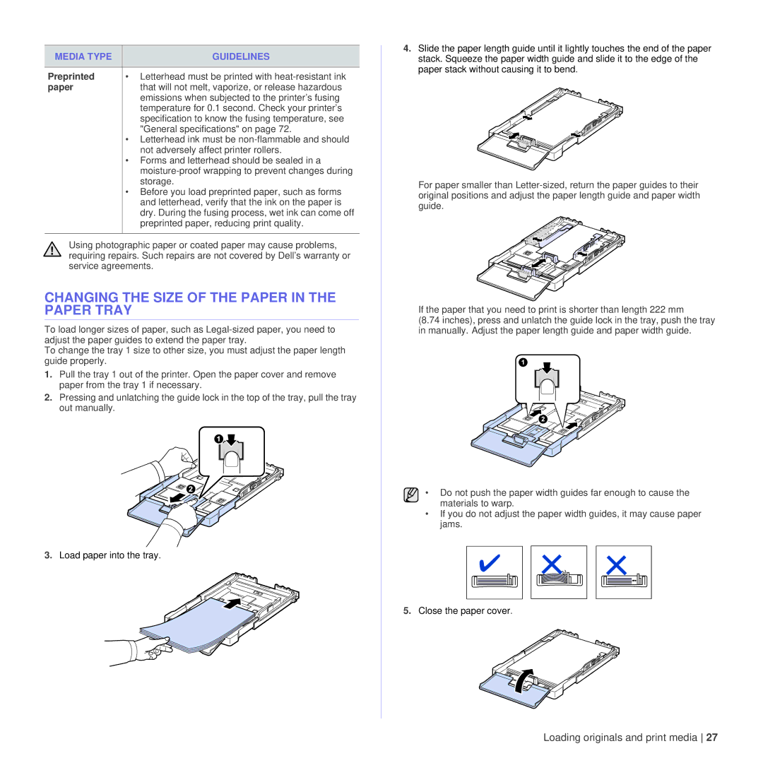 Dell 1235cn manual Changing the Size of the Paper in the Paper Tray, Preprinted 