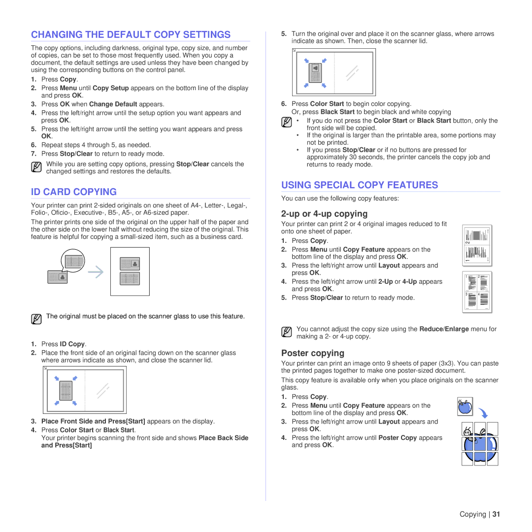 Dell 1235cn manual Changing the Default Copy Settings, ID Card Copying, Using Special Copy Features, Up or 4-up copying 