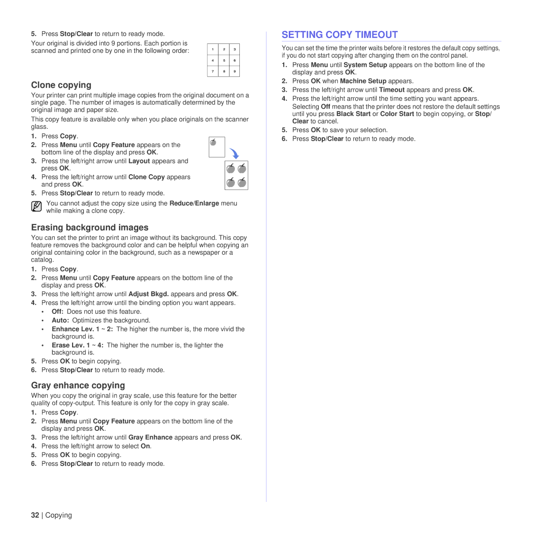 Dell 1235cn manual Setting Copy Timeout, Clone copying, Erasing background images, Gray enhance copying 