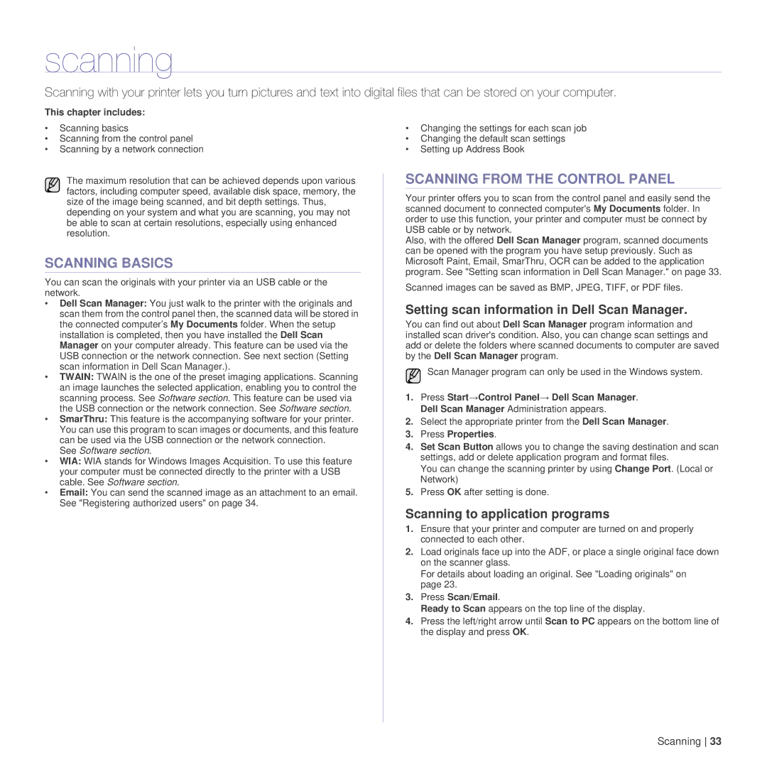 Dell 1235cn manual Scanning Basics, Scanning from the Control Panel, Setting scan information in Dell Scan Manager 