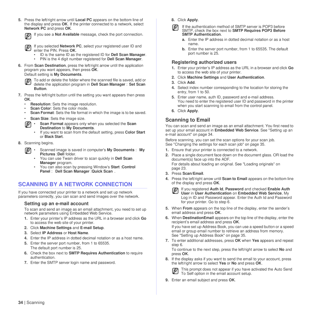 Dell 1235cn manual Scanning by a Network Connection, Scanning to Email, Setting up an e-mail account 