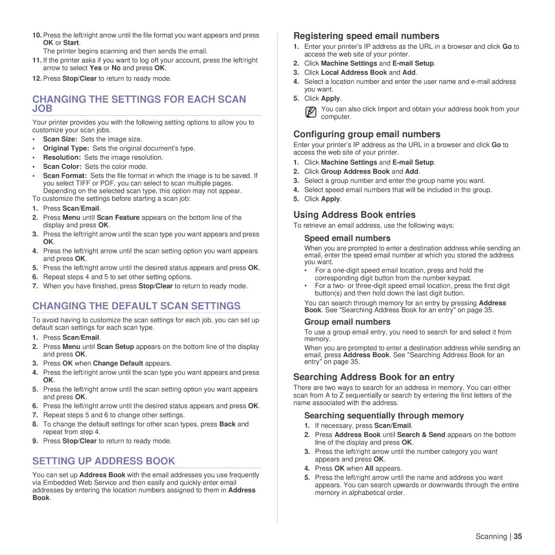 Dell 1235cn manual Changing the Settings for Each Scan JOB, Changing the Default Scan Settings, Setting UP Address Book 