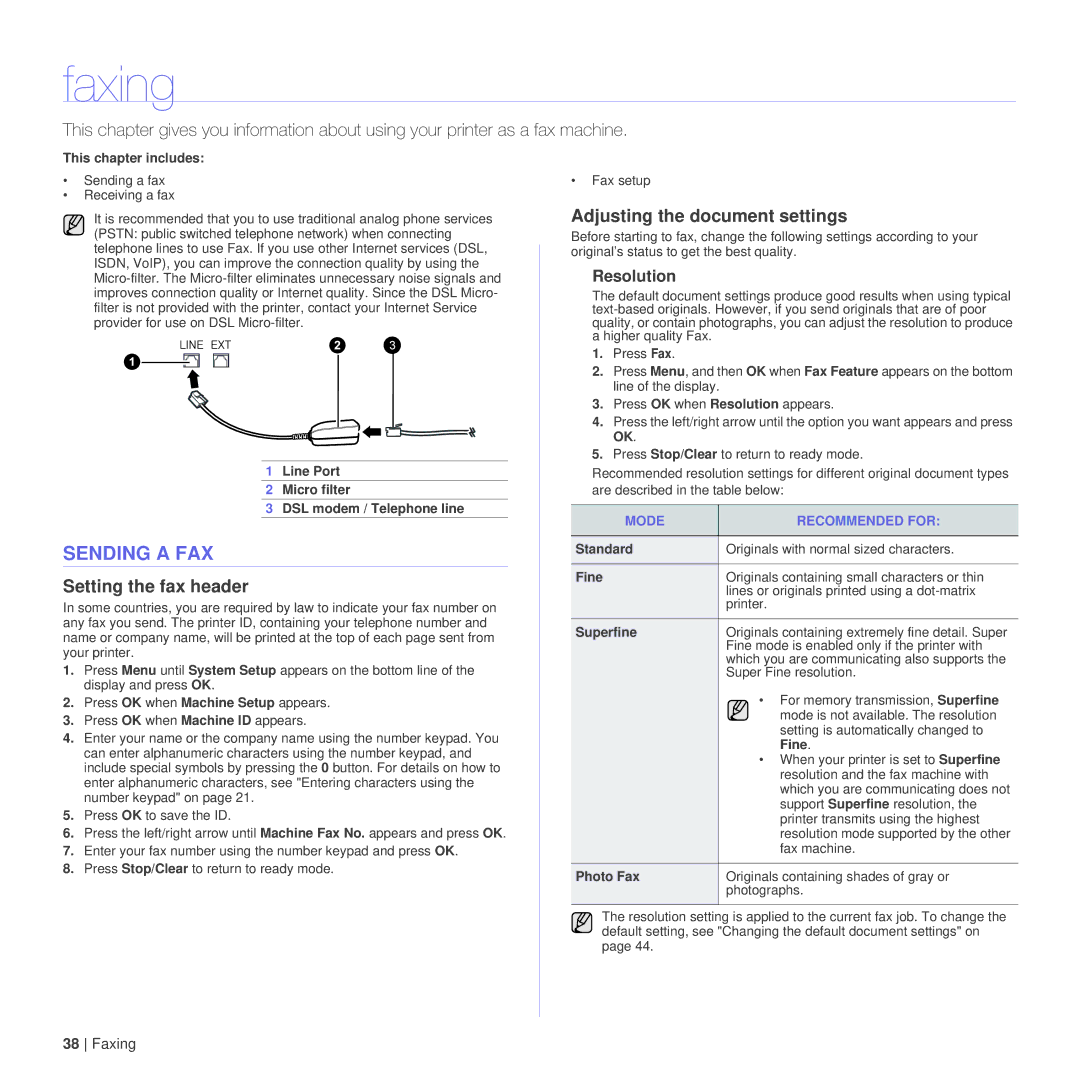 Dell 1235cn manual Faxing, Sending a FAX, Setting the fax header, Adjusting the document settings, Resolution 