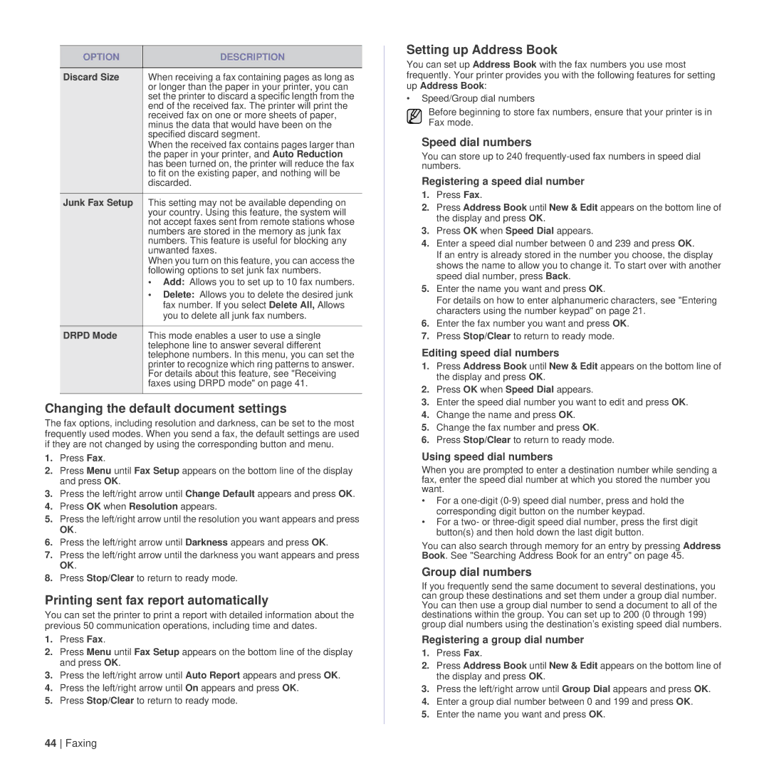 Dell 1235cn manual Changing the default document settings, Printing sent fax report automatically, Setting up Address Book 