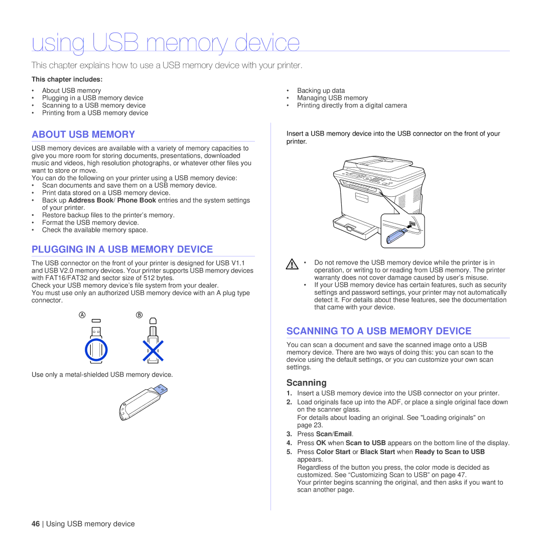 Dell 1235cn Using USB memory device, About USB Memory, Plugging in a USB Memory Device, Scanning to a USB Memory Device 