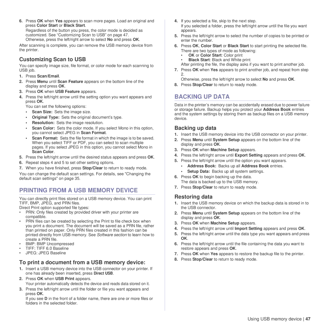 Dell 1235cn manual Printing from a USB Memory Device, Backing UP Data 