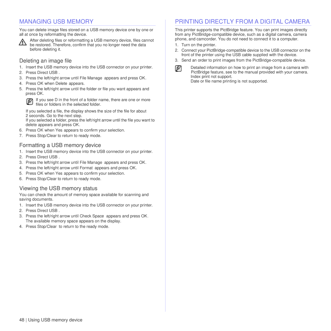 Dell 1235cn manual Managing USB Memory, Printing Directly from a Digital Camera, Deleting an image file 