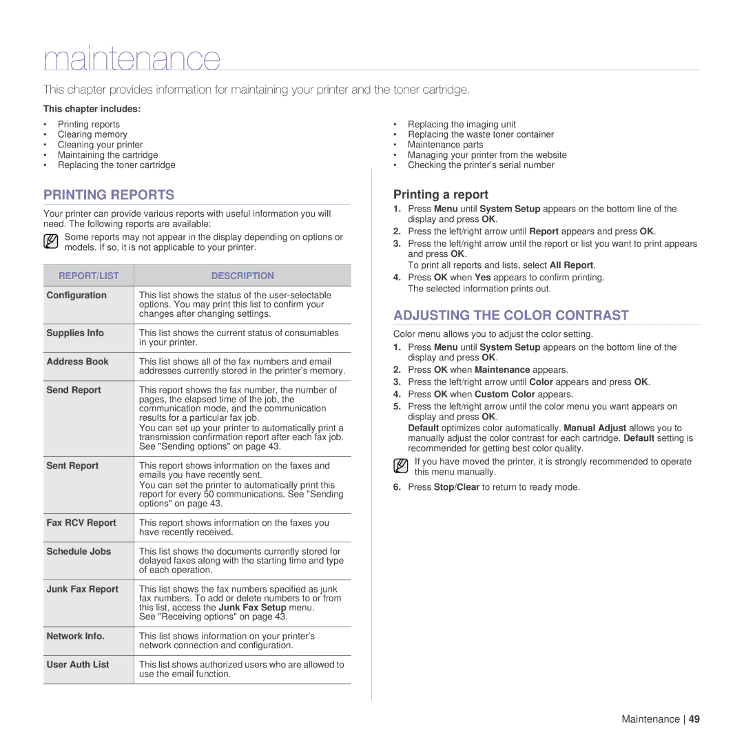 Dell 1235cn manual Maintenance, Printing Reports, Adjusting the Color Contrast, Printing a report, REPORT/LIST Description 