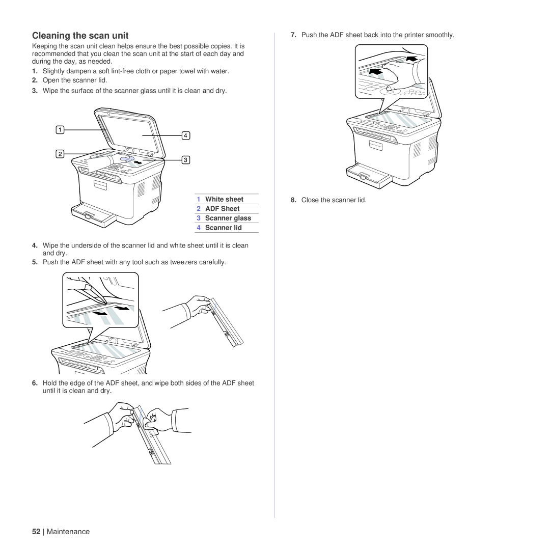 Dell 1235cn manual Cleaning the scan unit, White sheet ADF Sheet Scanner glass Scanner lid 